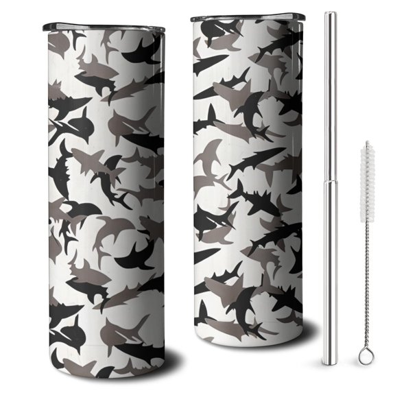 20oz Gray Camo Shark Silhouette Pattern Skinny Tumblers Stainless Steel Tumbler with Lid and Straw,Vacuum Insulated Double Wall Travel Tumbler Cups with Cleaning Brush for Coffee,Tea