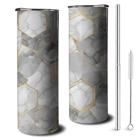 20oz Gray Marble Gold Hexagon Pattern Skinny Tumblers Stainless Steel Tumbler with Lid and Straw,Vacuum Insulated Double Wall Travel Tumbler Cups with Cleaning Brush for Coffee,Tea