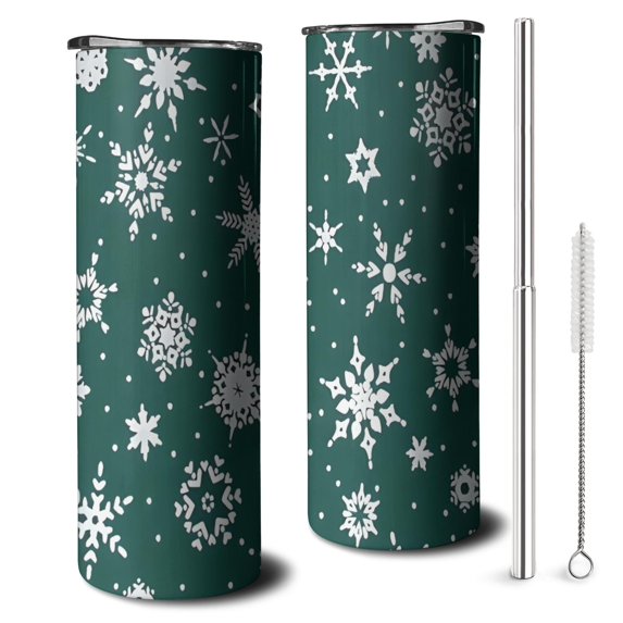 20oz Green Christmas Snowflake Pattern Skinny Tumblers Stainless Steel Tumbler with Lid and Straw,Vacuum Insulated Double Wall Travel Tumbler Cups with Cleaning Brush for Coffee,Tea