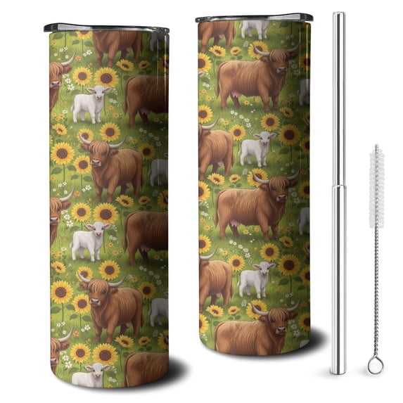 20oz Green Highland Cow Sunflower Field Pattern Skinny Tumblers Stainless Steel Tumbler with Lid and Straw,Vacuum Insulated Double Wall Travel Tumbler Cups with Cleaning Brush for Coffee,Tea