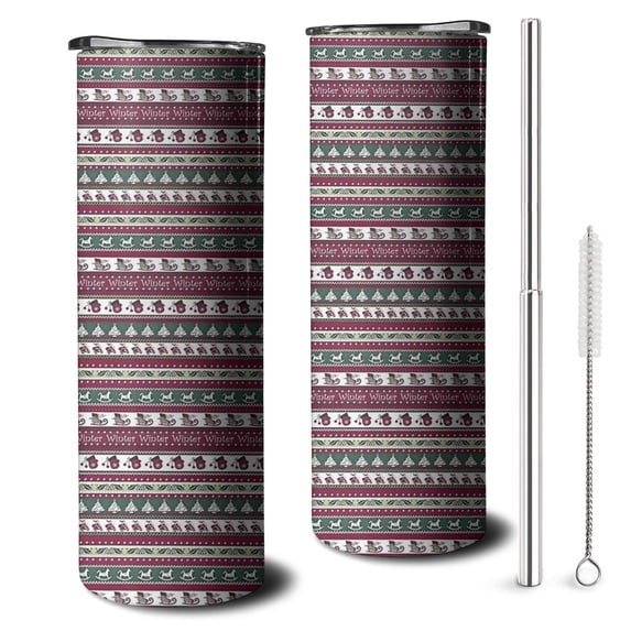 20oz Green and Red Christmas Pattern Skinny Tumblers Stainless Steel Tumbler with Lid and Straw,Vacuum Insulated Double Wall Travel Tumbler Cups with Cleaning Brush for Coffee,Tea