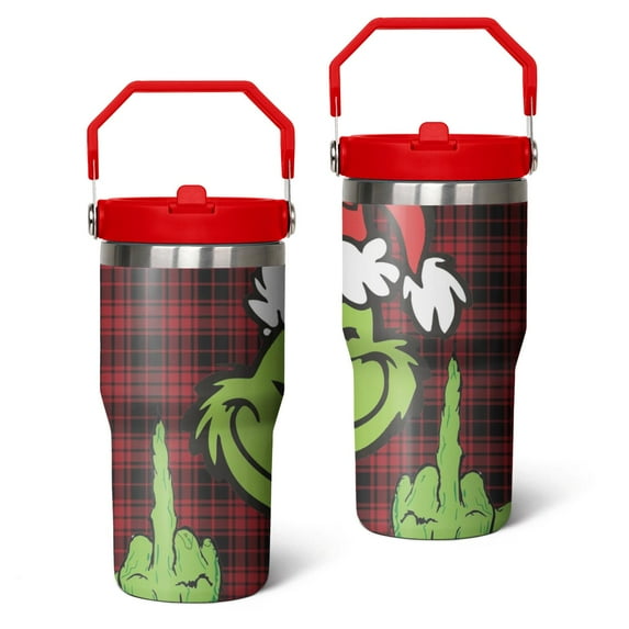 20oz Grinchmas Christmas Stainless Steel Tumbler with Lid and Straw,Spill Proof Christmas Travel Cup Double Wall Vacuum Insulated Coffee Mug with Top Handle Crimson