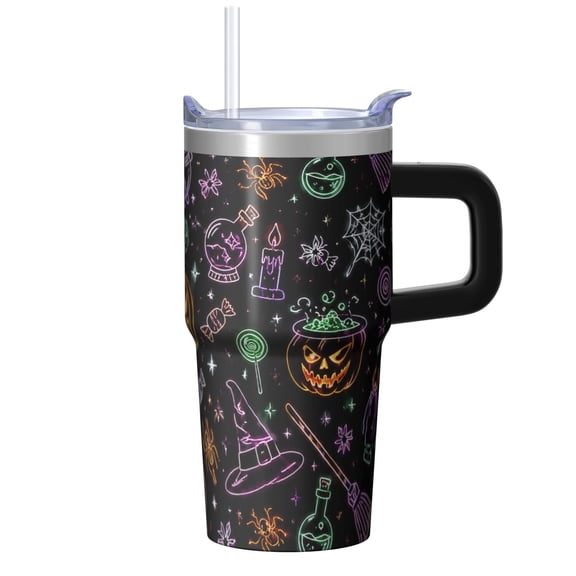 20oz Halloween 304 Stainless Steel Tumbler with Handle, Sliding Lid and PE Straw, Insulated Travel Cup for Party Outdoor Daily Use