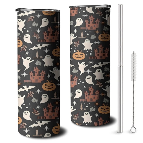 20oz Halloween Ghosts Castles and Pumpkins Skinny Tumblers Stainless Steel Tumbler with Lid and Straw,Vacuum Insulated Double Wall Travel Tumbler Cups with Cleaning Brush for Coffee,Tea