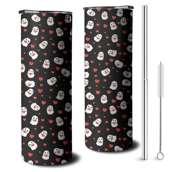 20oz Halloween Ghosts with Red Hearts Skinny Tumblers Stainless Steel Tumbler with Lid and Straw,Vacuum Insulated Double Wall Travel Tumbler Cups with Cleaning Brush for Coffee,Tea