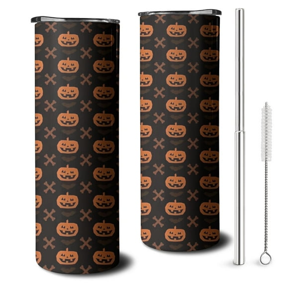 20oz Halloween Pumpkin & Bones Pattern Skinny Tumblers Stainless Steel Tumbler with Lid and Straw,Vacuum Insulated Double Wall Travel Tumbler Cups with Cleaning Brush for Coffee,Tea