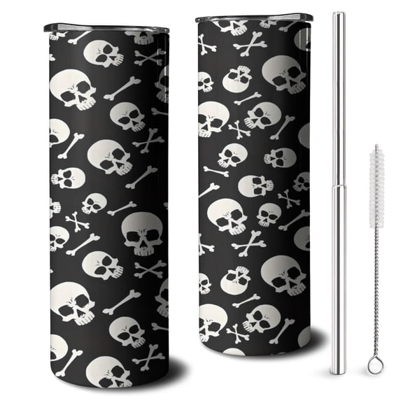 20oz Halloween Skull Crossbones Pattern Skinny Tumblers Stainless Steel Tumbler with Lid and Straw,Vacuum Insulated Double Wall Travel Tumbler Cups with Cleaning Brush for Coffee,Tea