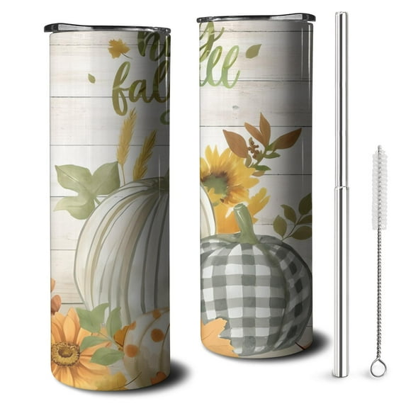 20oz Happy Fall Pumpkins and Sunflower Skinny Tumblers Stainless Steel Tumbler with Lid and Straw,Vacuum Insulated Double Wall Travel Tumbler Cups with Cleaning Brush for Coffee,Tea