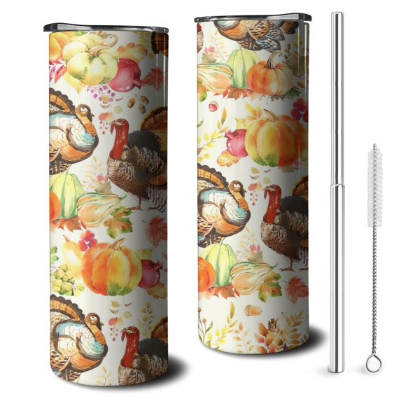 20oz Happy Thanksgiving Turkey Fall Leaves Pumpkin Skinny Tumblers Stainless Steel Tumbler with Lid and Straw,Vacuum Insulated Double Wall Travel Tumbler Cups with Cleaning Brush for Coffee,Tea