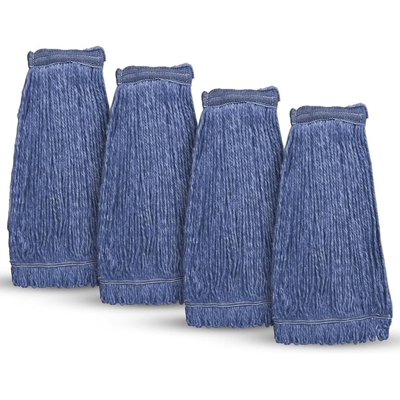 20oz Heavy Duty Cleaning Mop Head Replacement - 4 Pack - Commercial Replacement, Wet Industrial Blue Cotton Looped End String Head Refill