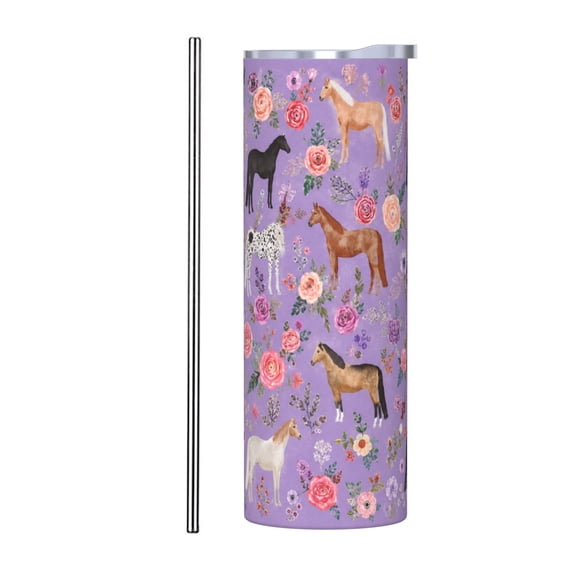 20oz Horse Floral Tumbler Insulated Car Cup Travel Coffee Cup Lavender Equestrian Gift for Women with Stainless Steel Straw