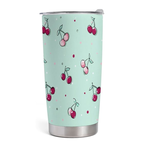20oz Insulated Car Travel Cup Stainless Steel Vacuum Mug Keeps Drinks Hot Cold, Cherry Pattern Mint
