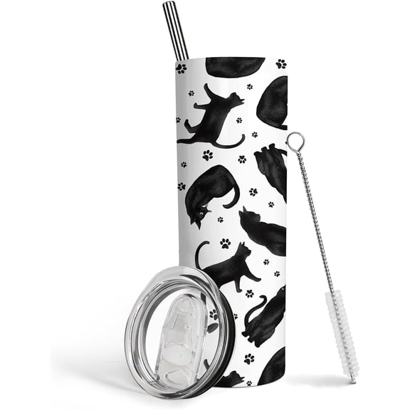 20oz Insulated Stainless Steel Cat Tumbler with Lid and Straw - Cute Skinny Coffee Cup, Halloween Gift for Women and Kids