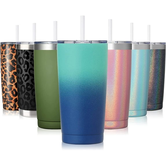 20oz Insulated Stainless Steel Tumbler, Coffee Tumbler with Lid and Straw, Double Wall Vacuum Travel Coffee Mug, Powder Coated Leak-Proof Tumbler Cup for Home Office Travel (Blue Waves,1)