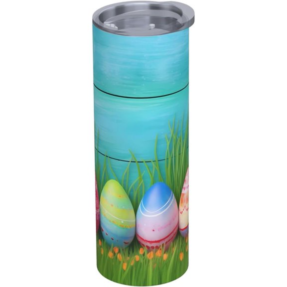 20oz Insulated Stainless Steel Tumbler Mug | Easter Eggs Blue Wooden Cup with Lid and Straw | Hot and cold insulation |Suitable for Coffee Travel Office Car