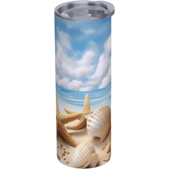 20oz Insulated Stainless Steel Tumbler Mug | Starfish and Seashells On Beach Cup with Lid and Straw | Hot and cold insulation |Gifts for Men Women Teens