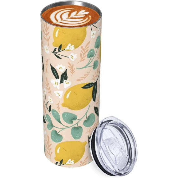 20oz Insulated Stainless Steel Tumbler Mug | Watercolor Lemon Fruit Cup with Lid and Straw | Hot and cold insulation |Suitable for Coffee Travel Office Car