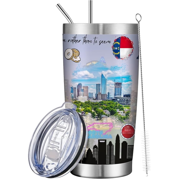 20oz Insulated Tumbler North Carolina State Coffee Mug, United States Map Travel Mug Landmark, Birthday Gifts Cute Custom Tumbler Cups with Lid and Straw Gifts for Mom
