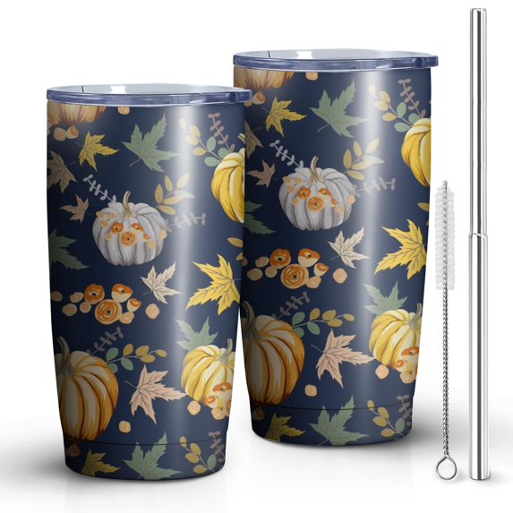 20oz Insulated Tumbler, Travel Coffee Tumbler with Lid, Cup Holder Friendly Travel Coffee Mug, Stainless Steel Thermos, 20 Oz Tumbler, Reusable Insulated Coffee Mug with Lid (Maple Leaf Pumpkin )
