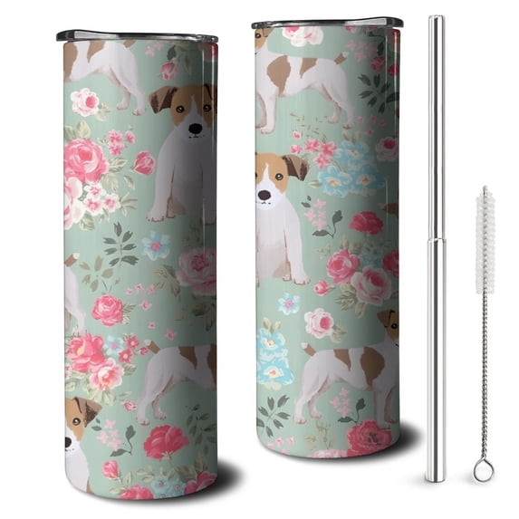 20oz Jack Russell Terrier Dog and Flower Skinny Tumblers Stainless Steel Tumbler with Lid and Straw,Vacuum Insulated Double Wall Travel Tumbler Cups with Cleaning Brush for Coffee,Tea