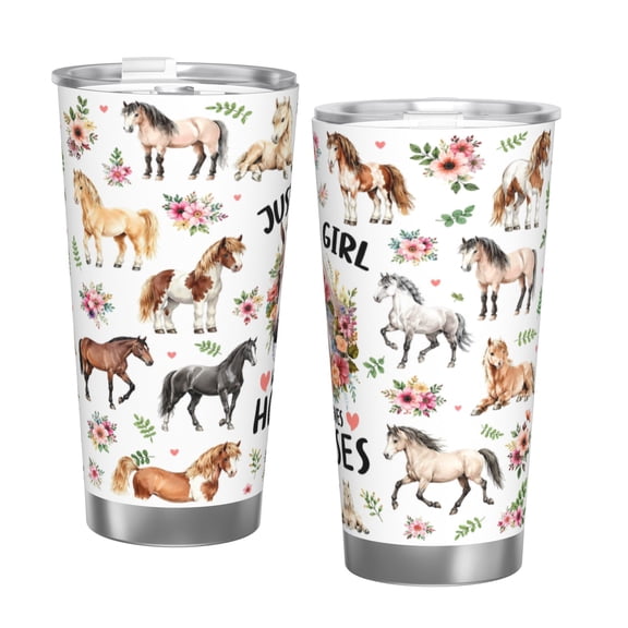 20oz Just a Girl Who Loves Horses Insulated Car Tumbler with Handle and Straw Lid Horse Lover Gift with Single Silver Rim