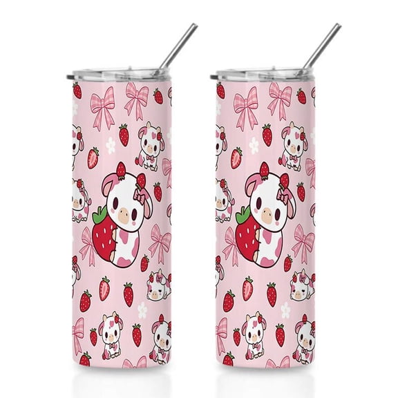 20oz Kawaii Strawberry Cow & Bow Pattern Stainless Steel Tumbler,Coffee Cups With Lids, Perfect Gifts For Birthday Holiday Gifts For Women and Men.