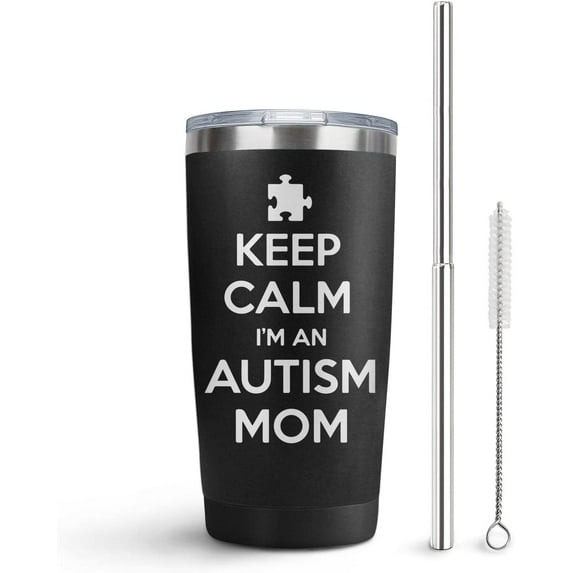 20oz Keep Calm I''m an Autism Mom Tumbler, Skinny Stainless Steel Tumbler with Lid Straw, Vacuum Insulated Double Wall Travel Tumbler, Coffee MugGreat Gifts for Girls, Mom, Dad