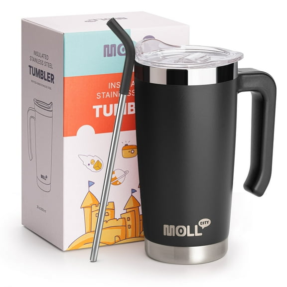 20oz Kids Tumbler with Handle & Straw - Insulated Stainless Steel Travel Mug, Leak-Proof Lid, Non-Slip Silicone Base, BPA Free (Black)