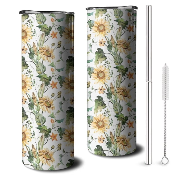 20oz Leaf Orange Flower Corn Sunflower Pattern Skinny Tumblers Stainless Steel Tumbler with Lid and Straw,Vacuum Insulated Double Wall Travel Tumbler Cups with Cleaning Brush for Coffee,Tea