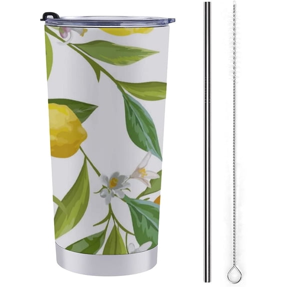 20oz Lemon Fruits Background Floral Stainless Steel Tumbler with Lid and Straw, Insulated Coffee Tumbler Cup Travel Mug for Mom Dad Gift Valentines Day Gifts