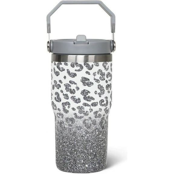 20oz Leopard Print Tumbler Flip Straw & Top Handle Insulated Stainless Steel Mug Stylish Travel Coffee Cup Reusable