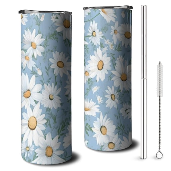 20oz Lightblue Daisy Flower Green Leaves Pattern Skinny Tumblers Stainless Steel Tumbler with Lid and Straw,Vacuum Insulated Double Wall Travel Tumbler Cups with Cleaning Brush for Coffee,Tea