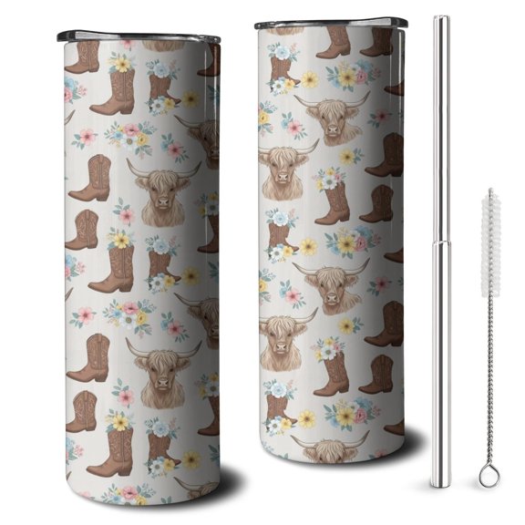 20oz Lightgray Highland Cow Boot Flower Pattern Skinny Tumblers Stainless Steel Tumbler with Lid and Straw,Vacuum Insulated Double Wall Travel Tumbler Cups with Cleaning Brush for Coffee,Tea