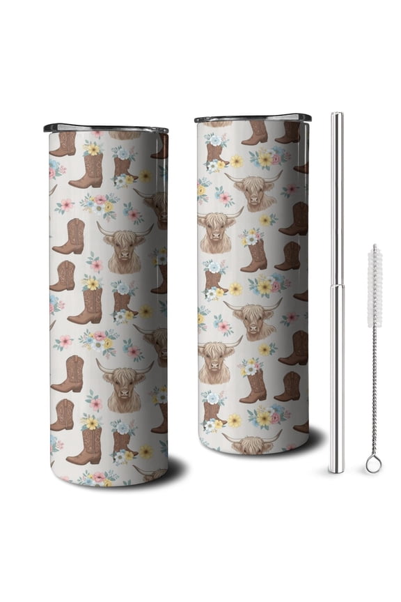 20oz Lightgray Highland Cow Boot Flower Pattern Skinny Tumblers Stainless Steel Tumbler with Lid and Straw,Vacuum Insulated Double Wall Travel Tumbler Cups with Cleaning Brush for Coffee,Tea