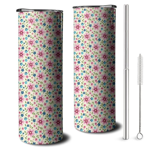 20oz Lightgreen Daisy Flower Pink Blooms Pattern Skinny Tumblers Stainless Steel Tumbler with Lid and Straw,Vacuum Insulated Double Wall Travel Tumbler Cups with Cleaning Brush for Coffee,Tea