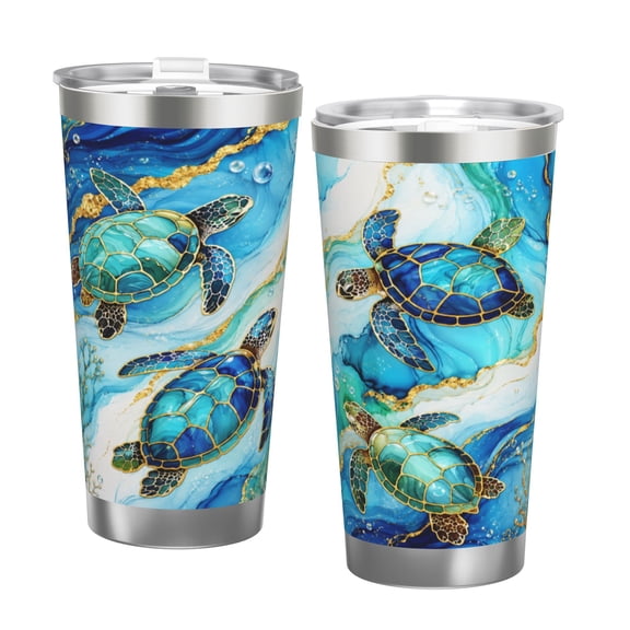 20oz Luxury Sea Turtle Tumbler with Handle and Straw Stainless Steel Insulated Travel Coffee Cup Ocean Lover Gift with Double Silver Rim