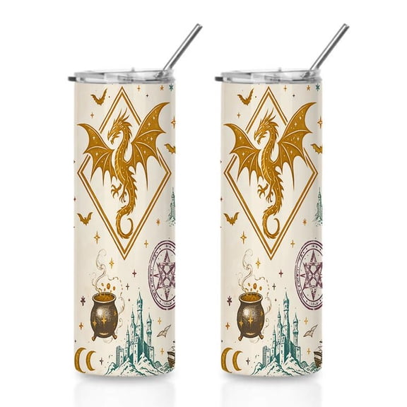 20oz Magical Mystical Dragon Raven Skull Moon Bat Sword Castle Ship Pentagram Star Celestial Stainless Steel Tumbler， Lid Vacuum Insulated Travel Mug With Lids