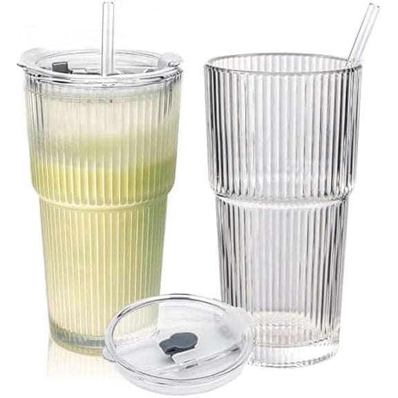 20oz Matcha Cup With Straw, Glass Cups With Lids And Straws Set Of 2 Iced Coffee Cups With Lids For Iced Latte Coffee Smoothie,Glasses Go to Cups$$Home Decor, Kitchen, & Other