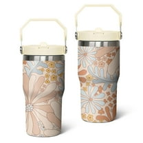 20oz Multicolored Flower Leaves Stainless Steel Tumbler with Top Handle,Pioneer Travel Coffee Mug Flip Straw Cup,Gifts for Women Girls Men Adults