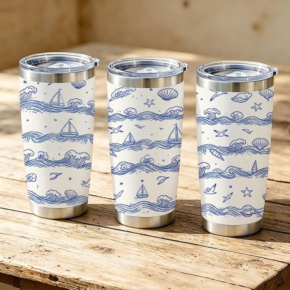 20oz Nautical Ocean Waves Sailboat Pattern Stainless Steel Tumbler， Tumbler with Lid Vacuum Insulated Travel Mug， Coffee Cups With Lids， Perfect Gifts For Birthday Holidays Gifts