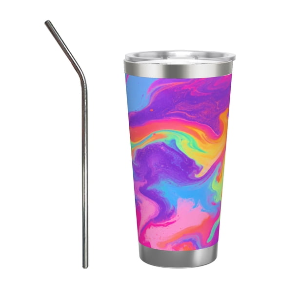 20oz Neon Abstract Fluid Marble Bright Rainbow Swirl Insulated Tumbler with Handle and Straw Travel Cup Car Cup with Stainless Steel Straw