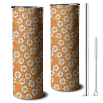20oz Orange Daisy Flower Smiley Faces Pattern Skinny Tumblers Stainless Steel Tumbler with Lid and Straw,Vacuum Insulated Double Wall Travel Tumbler Cups with Cleaning Brush for Coffee,Tea