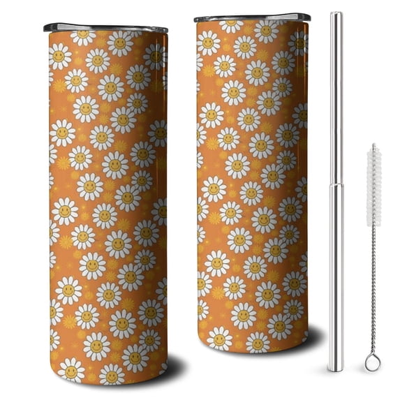 20oz Orange Daisy Flower Smiley Faces Pattern Skinny Tumblers Stainless Steel Tumbler with Lid and Straw,Vacuum Insulated Double Wall Travel Tumbler Cups with Cleaning Brush for Coffee,Tea