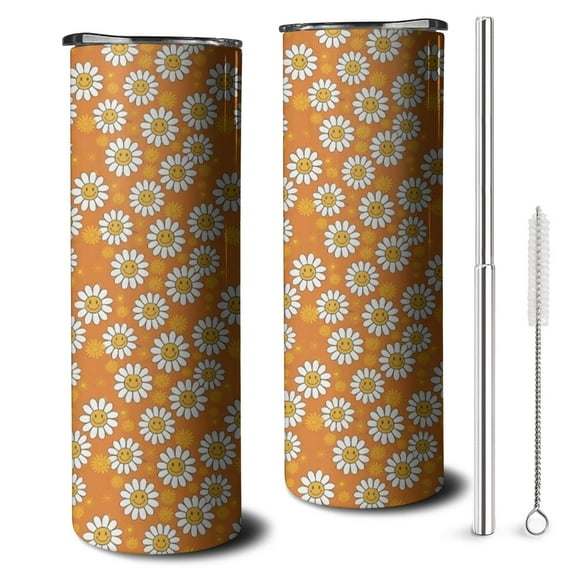 20oz Orange Daisy Flower Smiley Faces Pattern Skinny Tumblers Stainless Steel Tumbler with Lid and Straw,Vacuum Insulated Double Wall Travel Tumbler Cups with Cleaning Brush for Coffee,Tea