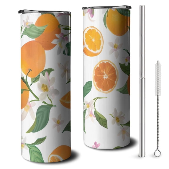 20oz Orange Fruits Flowers White Pattern Skinny Tumblers Stainless Steel Tumbler with Lid and Straw,Vacuum Insulated Double Wall Travel Tumbler Cups with Cleaning Brush for Coffee,Tea
