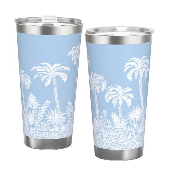 20oz Palm Tree Tumbler with Handle and Straw Blue Tropical Beach Stainless Steel Insulated Travel Coffee Cup Gift with Double Silver Rim