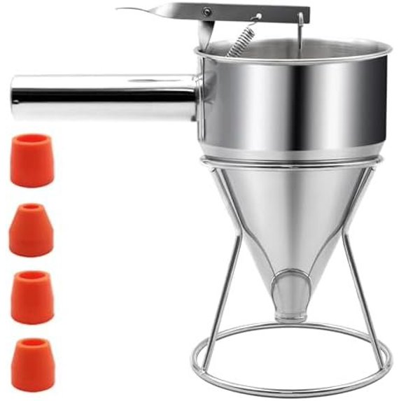 20oz Pancake Batter Dispenser, Stainless Steel Funnel Cake Dispenser with Stand Heavy Duty Baking Tool for Cupcake Waffles Cakes Takoyaki and Kitchen Baking (Small)