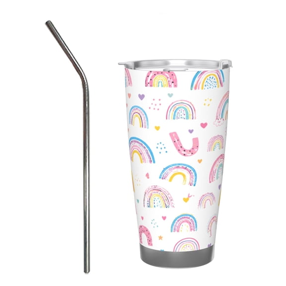 20oz Pastel Rainbow Travel Tumbler with Handle Cute Boho Rainbow Insulated Car Cup Gift for Women Kids Colorful Coffee Cup Stainless Steel Travel Cup with Stainless Steel Straw