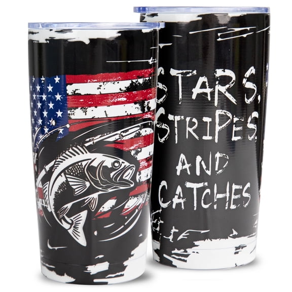 20oz Patriotic Fishing Tumbler with Lid, Vacuum Stainless Steel Tumbler Double Wall, Leak Proof UV Printed American Flag Design