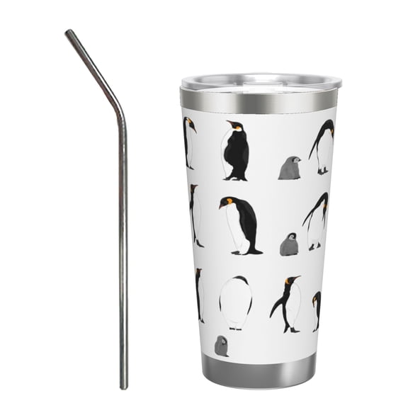 20oz Penguin Tumbler with Handle and Straw Cute Arctic Bird Stainless Steel Insulated Travel Coffee Cup Gift with Stainless Steel Straw
